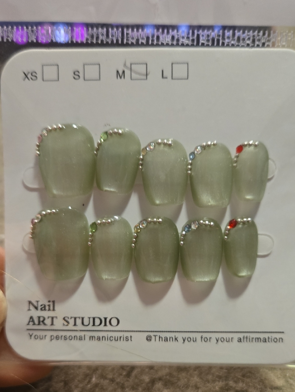 Sage Green Rhinestone Press-On Nails